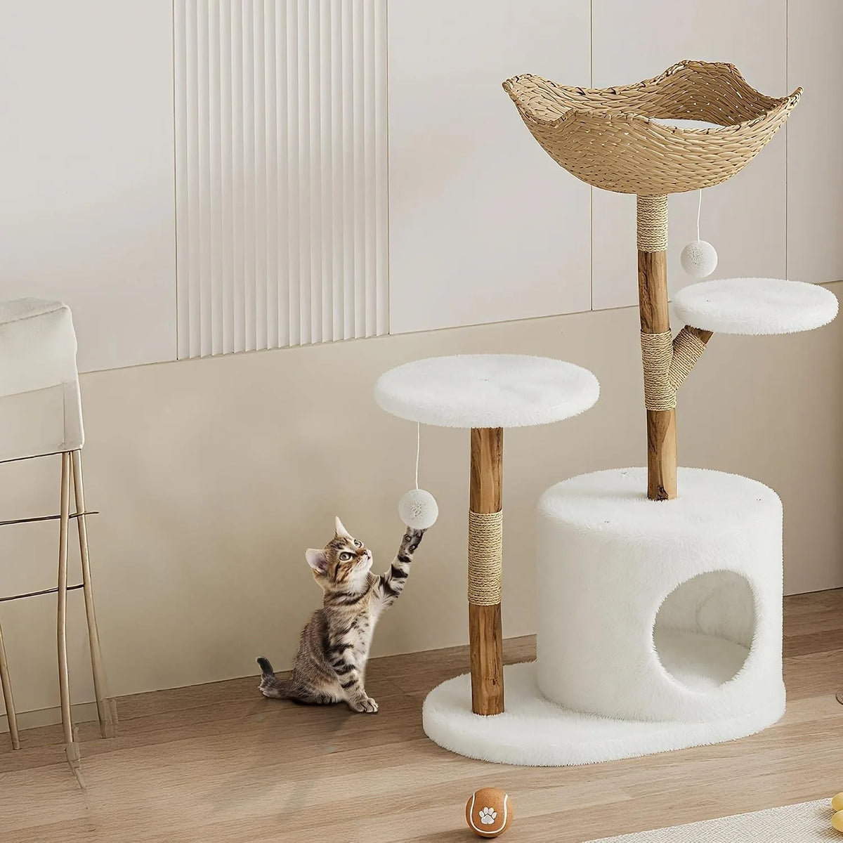Wooden Cat Tree Tower with Rattan Perches and Climbing Platforms