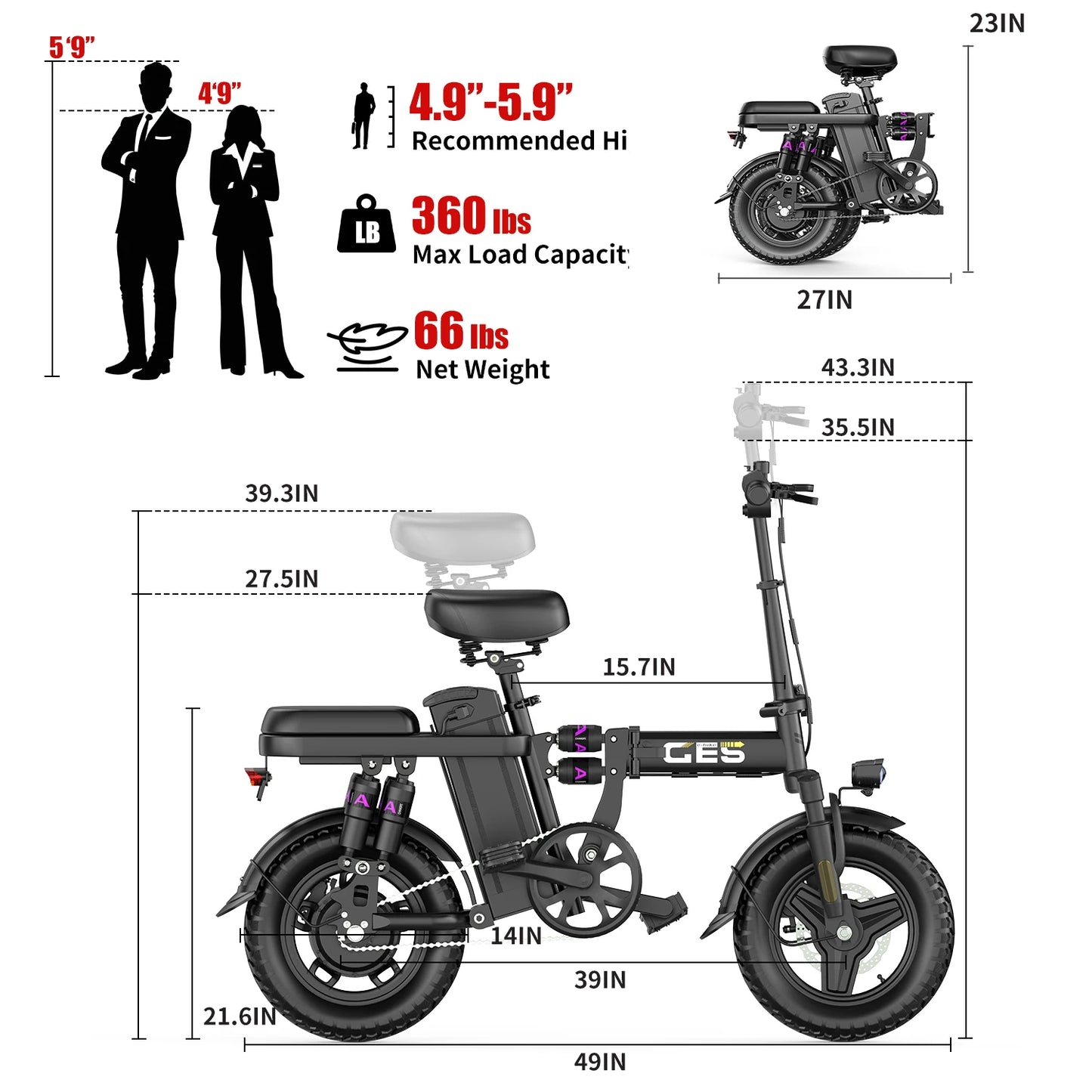UPlee GE5 Adult Electric Bike 500W Peak Motor 48V 15Ah Removable Battery