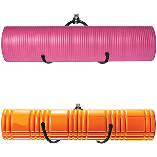 Wall Mount Yoga Mat Foam Roller Storage Rack With Hooks