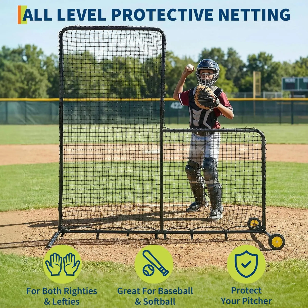 Tacleekii Baseball Pitching L Screen with Wheels for Batting Practice
