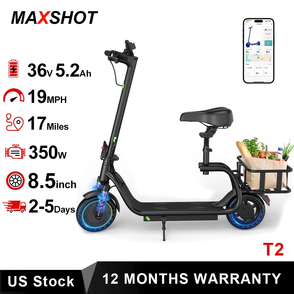 MAXSHOT Electric Scooter With Seat And Basket Foldable Design
