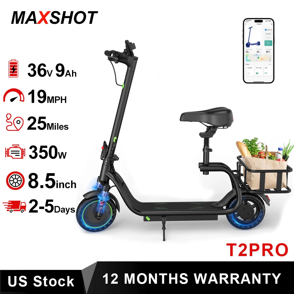 MAXSHOT Electric Scooter With Seat And Basket Foldable Design